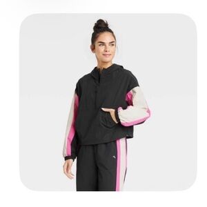 Set: Black and Pink varsity striped cropped Hooded Jacket and pants set